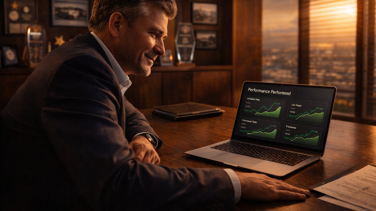 Dealership GM presenting AI ROI dashboard to dealer principal